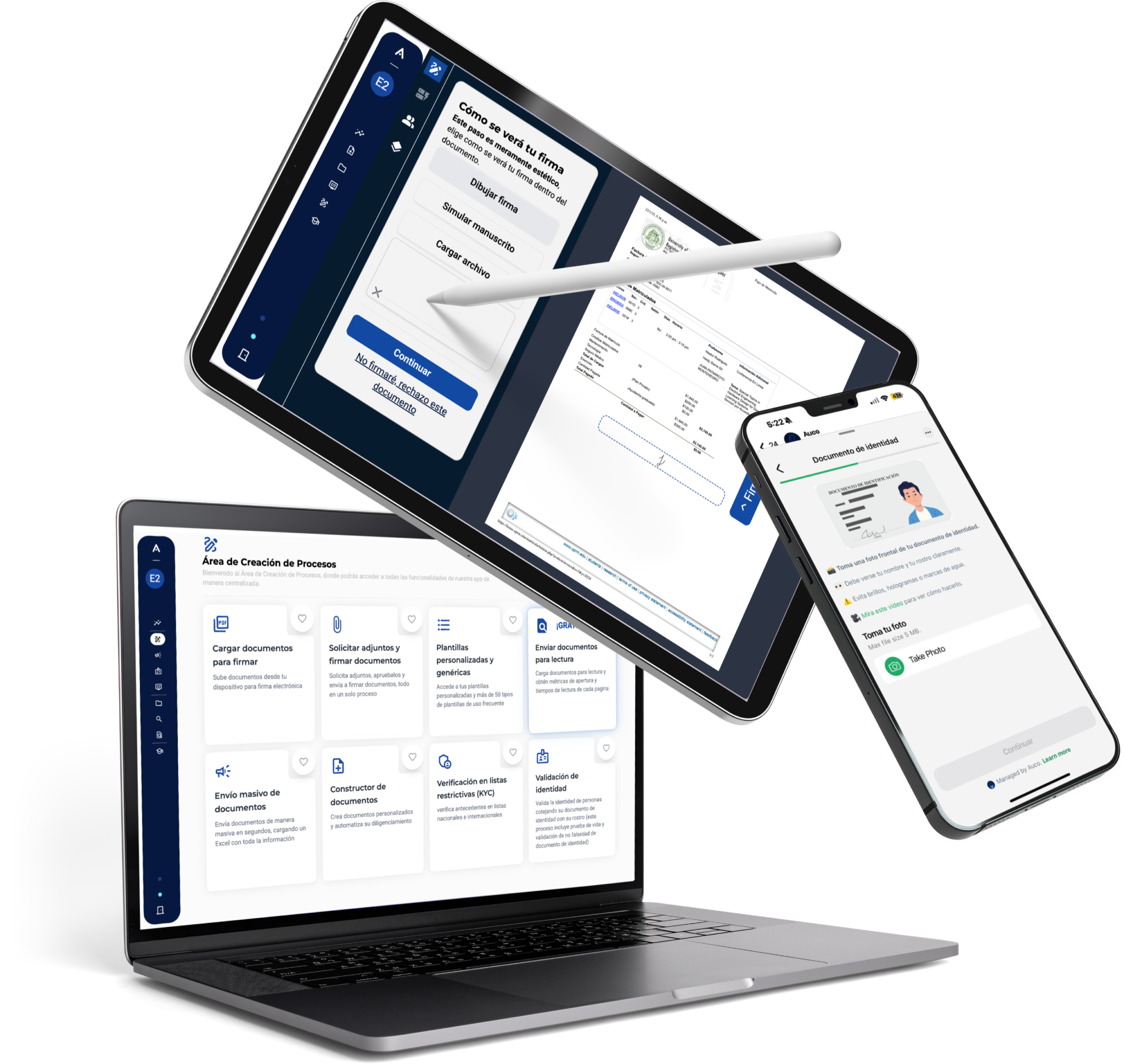 AUCO Platform - Múltiples dispositivos mostrando la plataforma de automatización documental